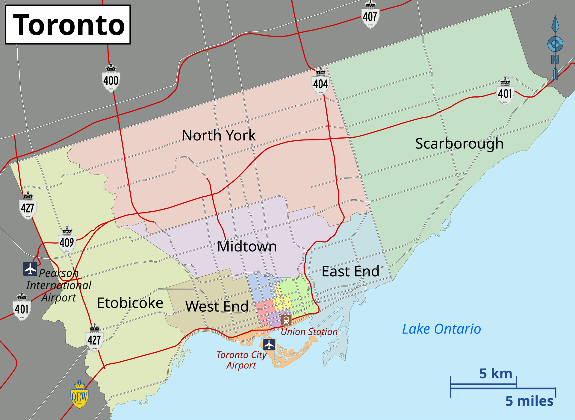 Map of Toronto showing Etobicoke, North York, Scarborough, Midtown, the West End and the East End along Lake Ontario