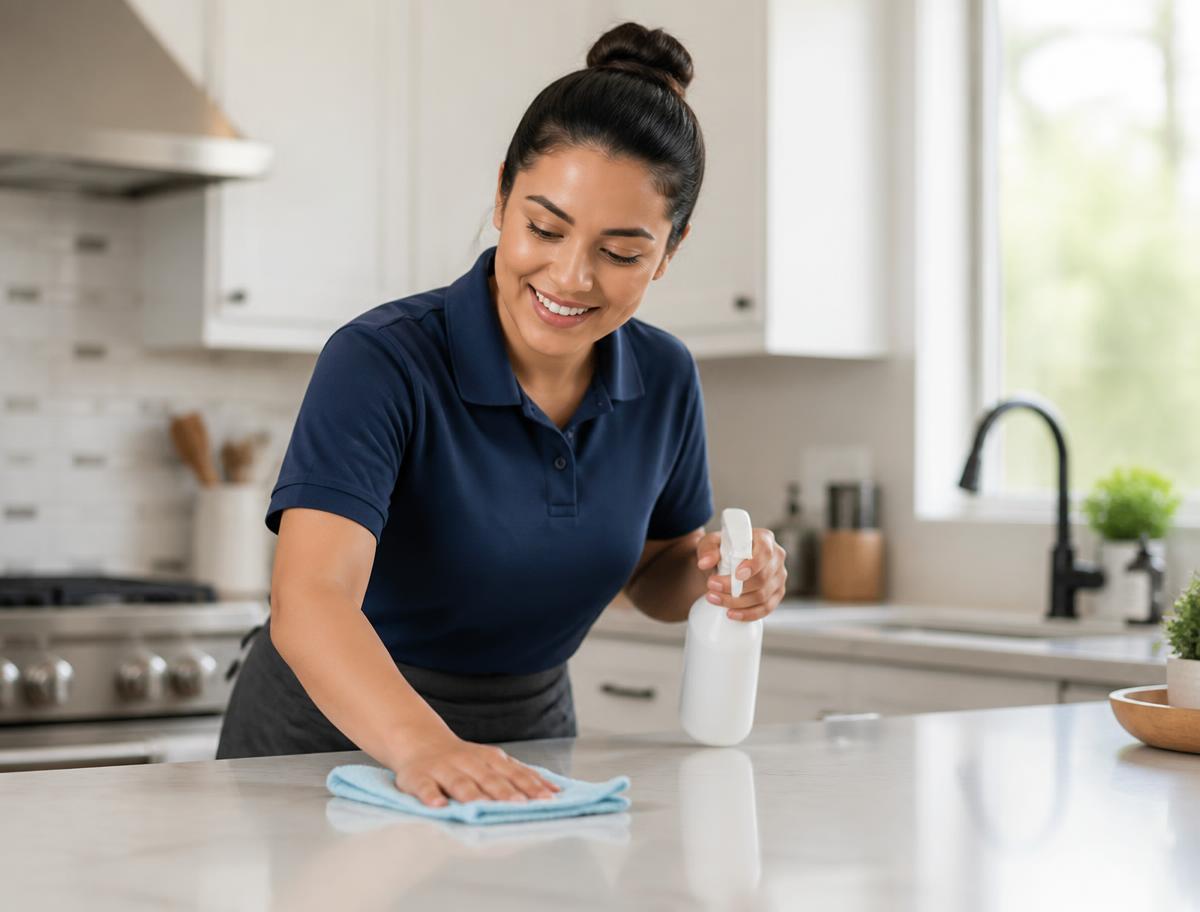 NIVI cleaning professional wiping down a kitchen counter in a bright Toronto home