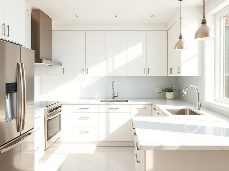 Spotless white kitchen with clean quartz countertops after a deep clean