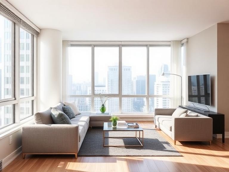 Bright, freshly cleaned condo living room in downtown Toronto